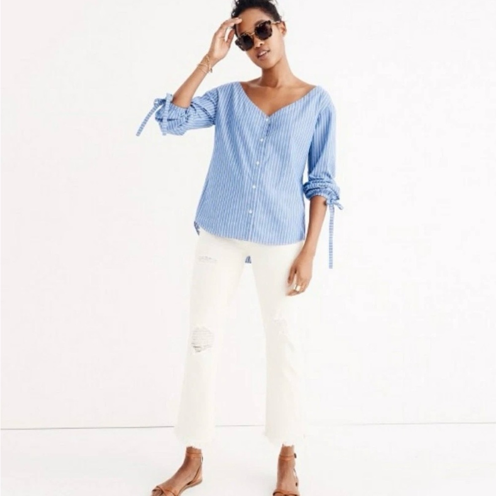 Madewell Morning View Tie Sleeve Shirt in Blue Pin Stripes | size XS